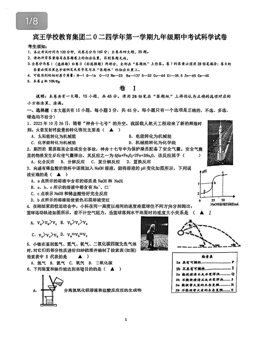 浙江省义乌市宾王中学2024-2025学年九年级上学期期中科学卷
