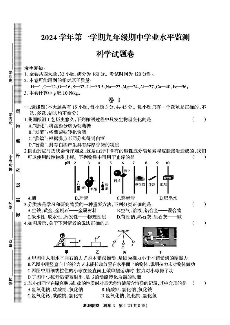 浙江省台州市临海区联考2024-2025学年九年级上学期期中科学B卷第1页