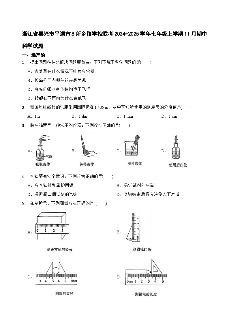 浙江省嘉兴市平湖市8所乡镇学校联考2024-2025学年七年级上学期11月期中科学试题第1页