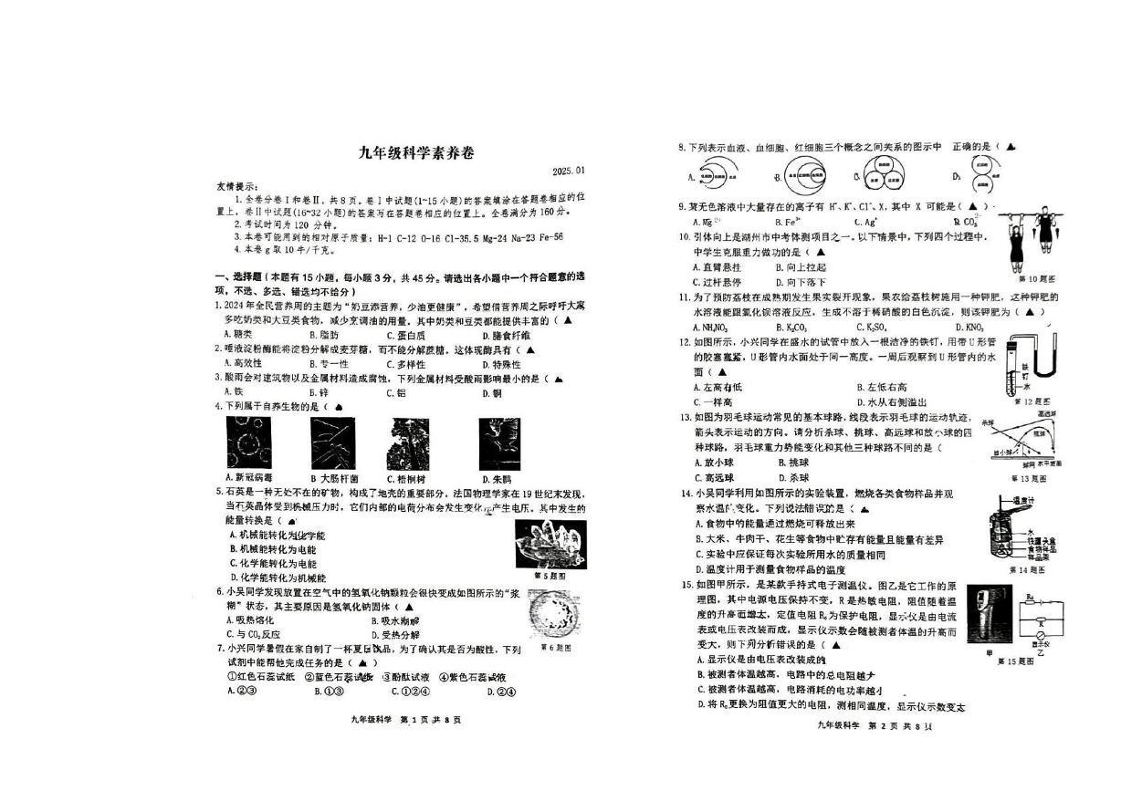 浙江省湖州市2024-2025学年九年级上学期科学期末试题