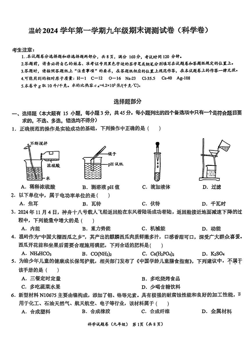 浙江省台州市温岭市2024-2025学年九年级上学期期末考试科学试题