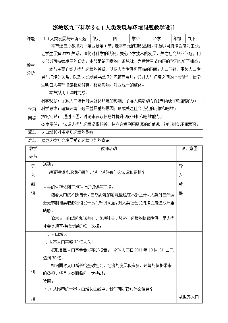 浙教版科学九下 4.1《人类发展与环境问题》教案第1页