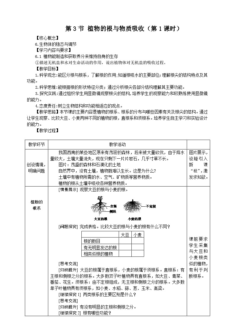 浙教版科学八下 4.3《植物的根与物质吸收》第1课时 教案第1页