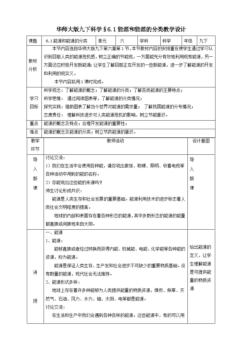 华师大版科学九下 6.1《能源和能源的分类》教案第1页