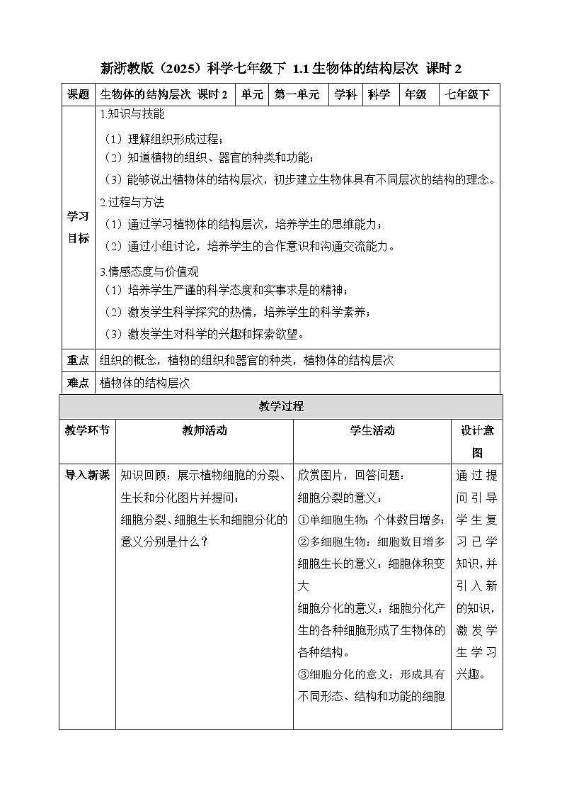 七下新浙教版(2024)初中科学 第一章生命的结构与生殖 1.1《生物体的结构层次》 第2课时 教案第1页