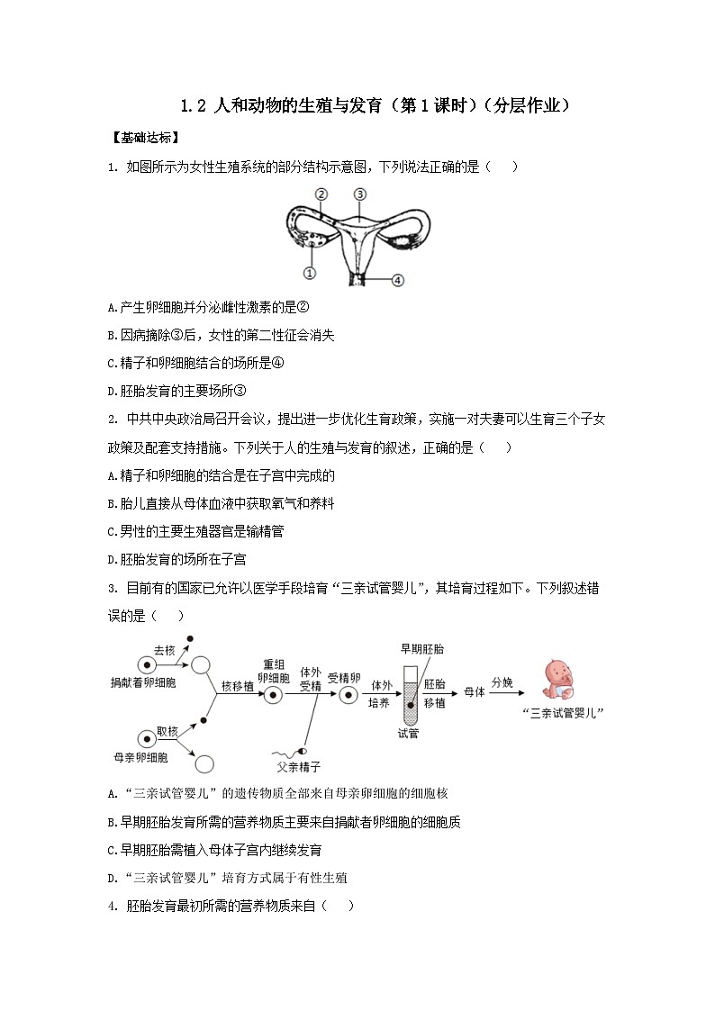 【核心素养】浙教版科学七年级下册1.2 人和动物的生殖与发育(第1课时)(分层作业)【原卷版】第1页