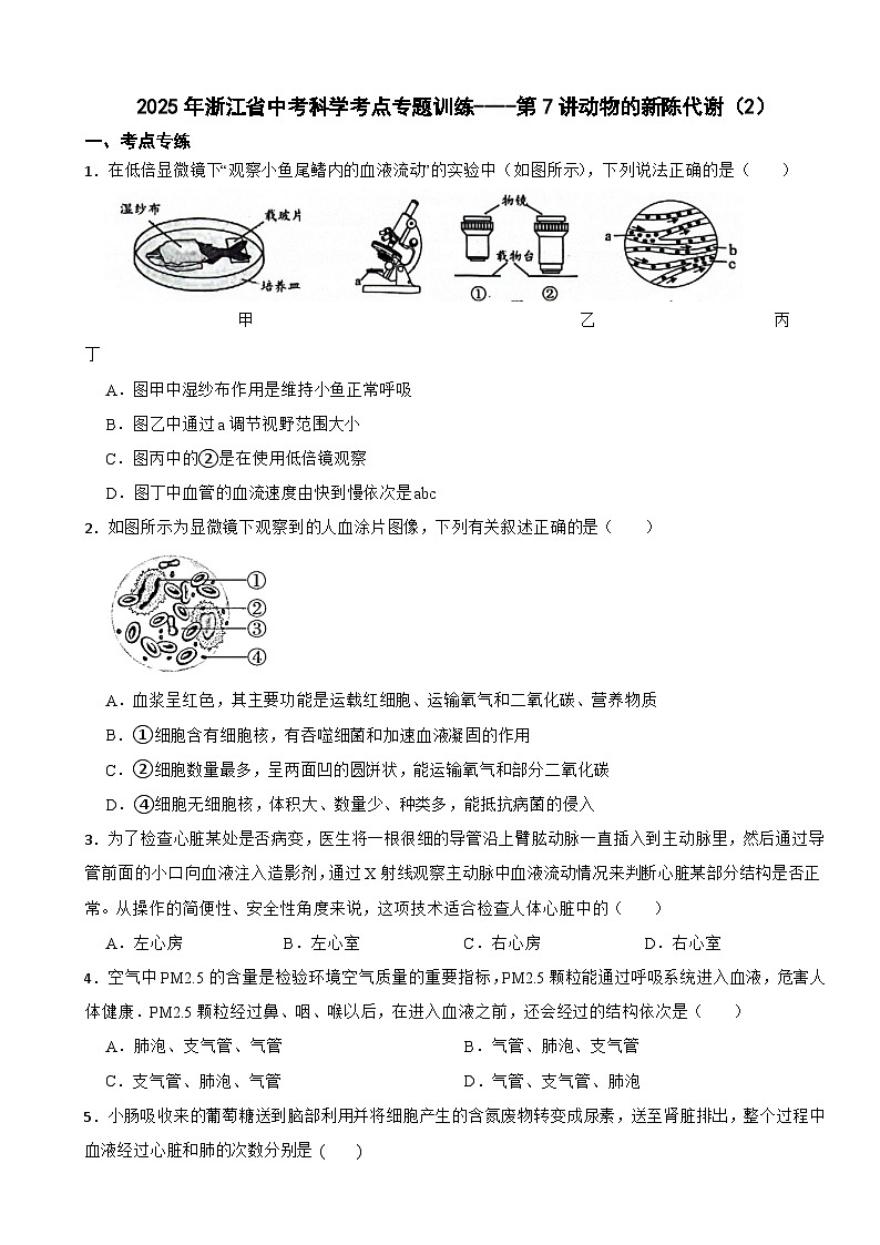 2025年浙江省中考科学考点专题训练----第7讲动物的新陈代谢(2)第1页