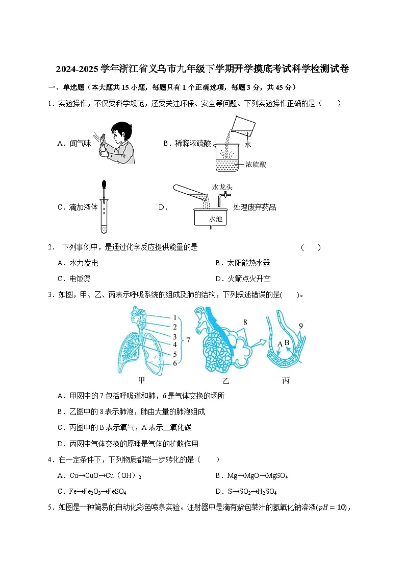 2024-2025学年浙江省义乌市九年级下册开学摸底考试科学检测试卷(附答案)第1页