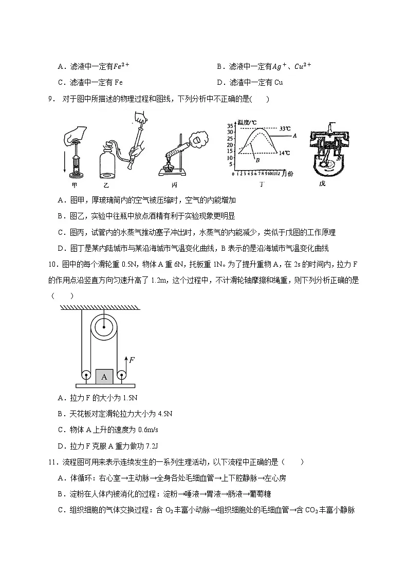 2024-2025学年浙江省义乌市九年级下册开学摸底考试科学检测试卷(附答案)第3页