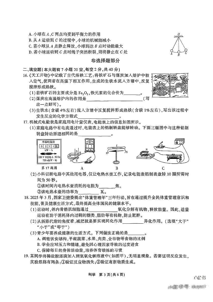 浙江省杭州市余杭区2025年中考模拟考试科学试题卷第3页
