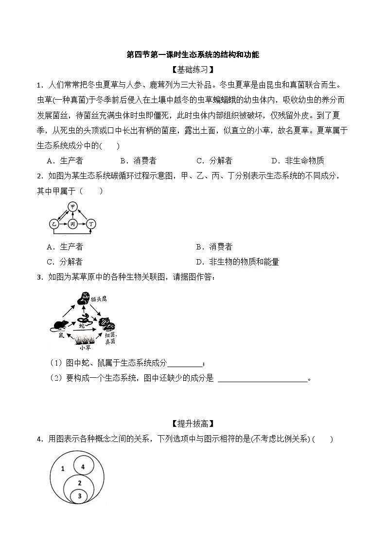 浙教版初中科学九下第2章生物与环境2.4.1《生态系统的结构和功能》分层练习(原卷版) 第1页