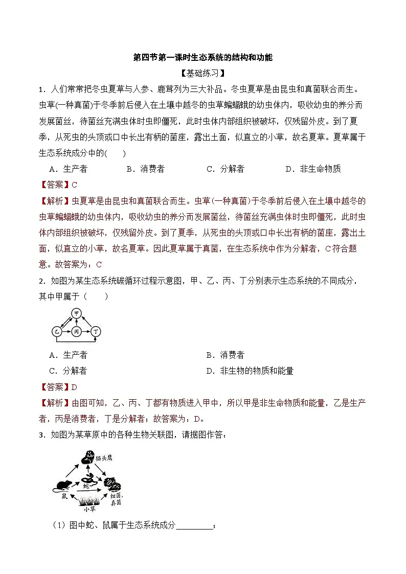 浙教版初中科学九下第2章生物与环境2.4.1《生态系统的结构和功能》分层练习(解析版)第1页