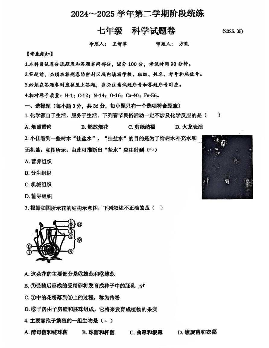 浙江省嘉兴市清华附中嘉兴实验学校2024-2025学年七年级下学期5月科学月考试卷