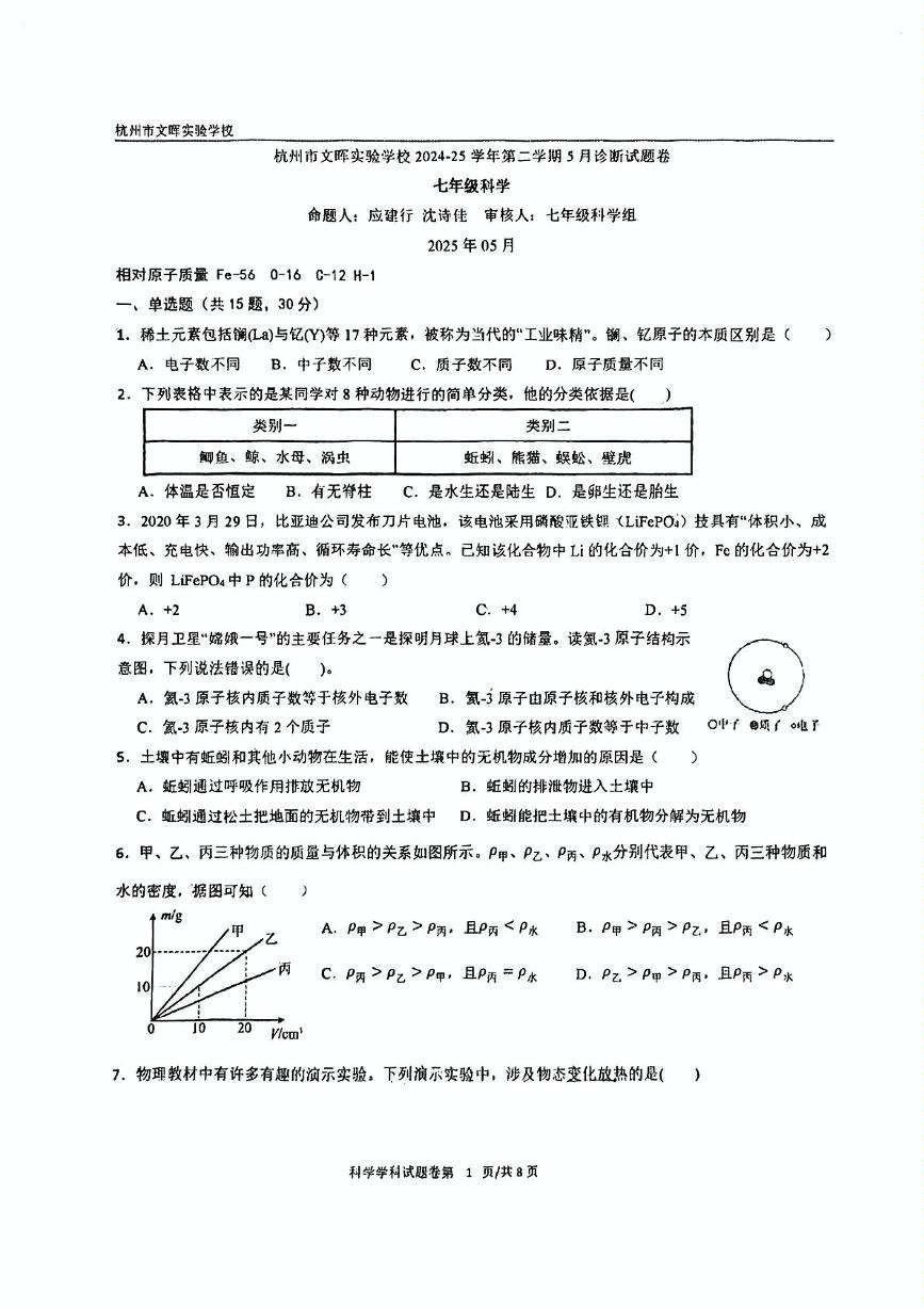 浙江省杭州市文晖实验学校2024-2025学年七年级下学期月考科学试卷