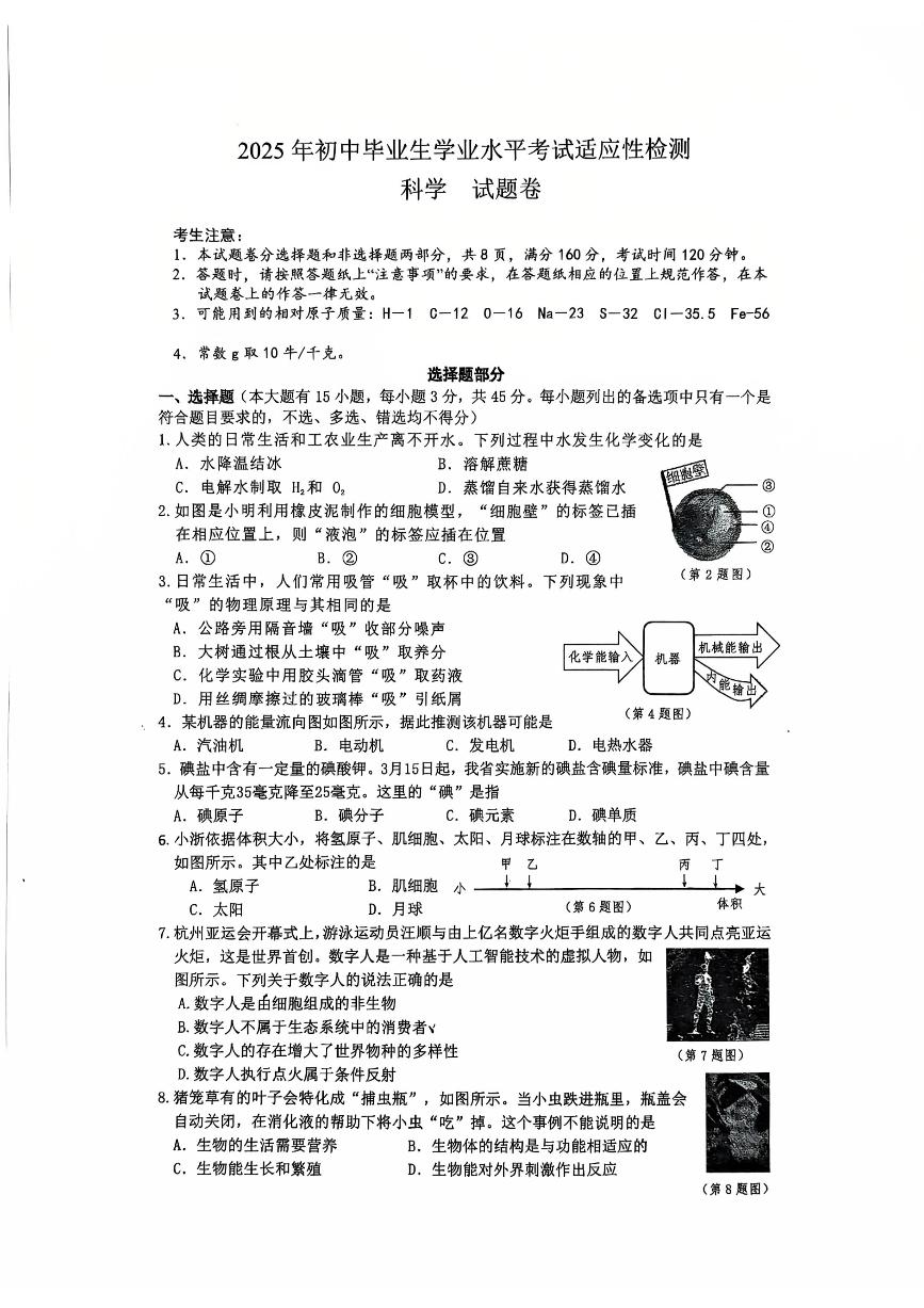 浙江省南海实验学校2025年6月九年级学业水平质量监测科学试题卷（PDF版，无答案）