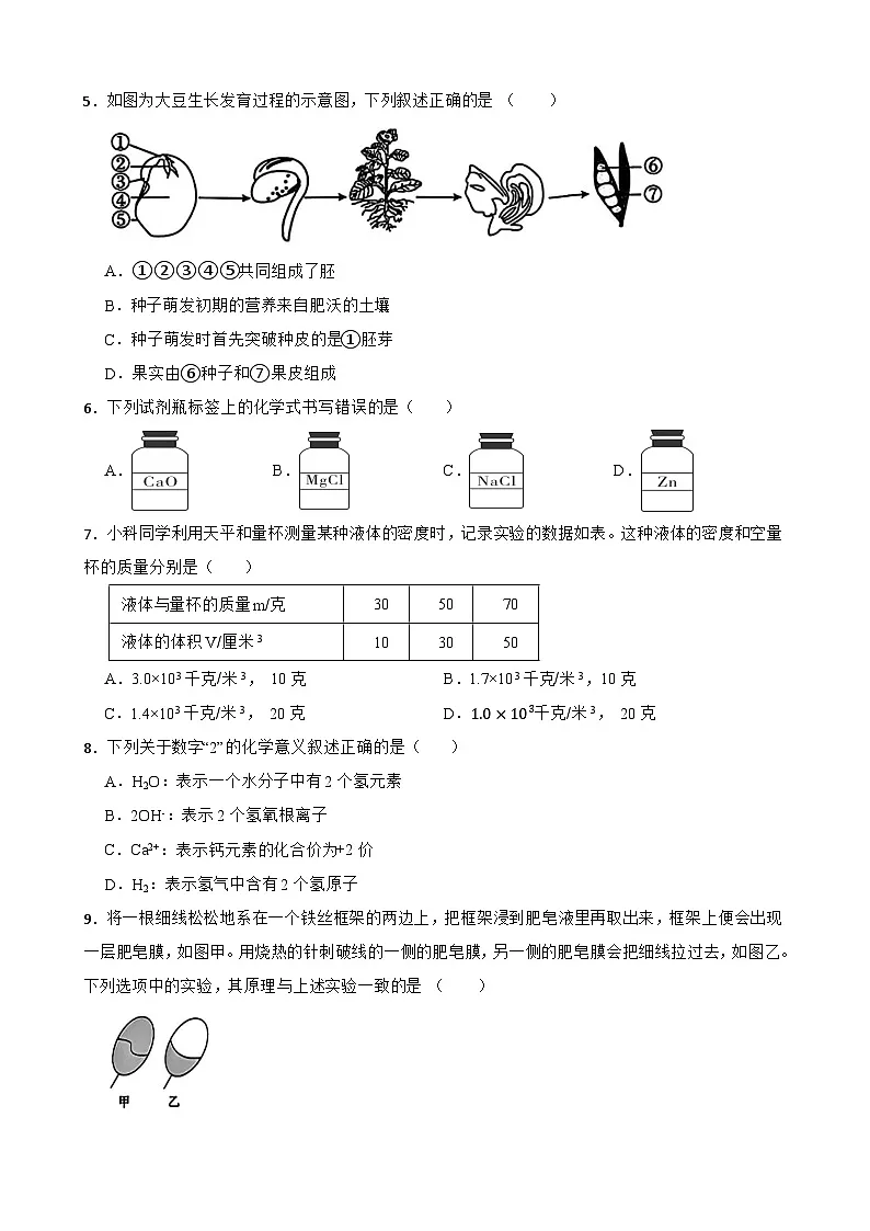 浙江省杭州市余杭区2024-2025学年七年级下学期科学第三次月考试卷第2页