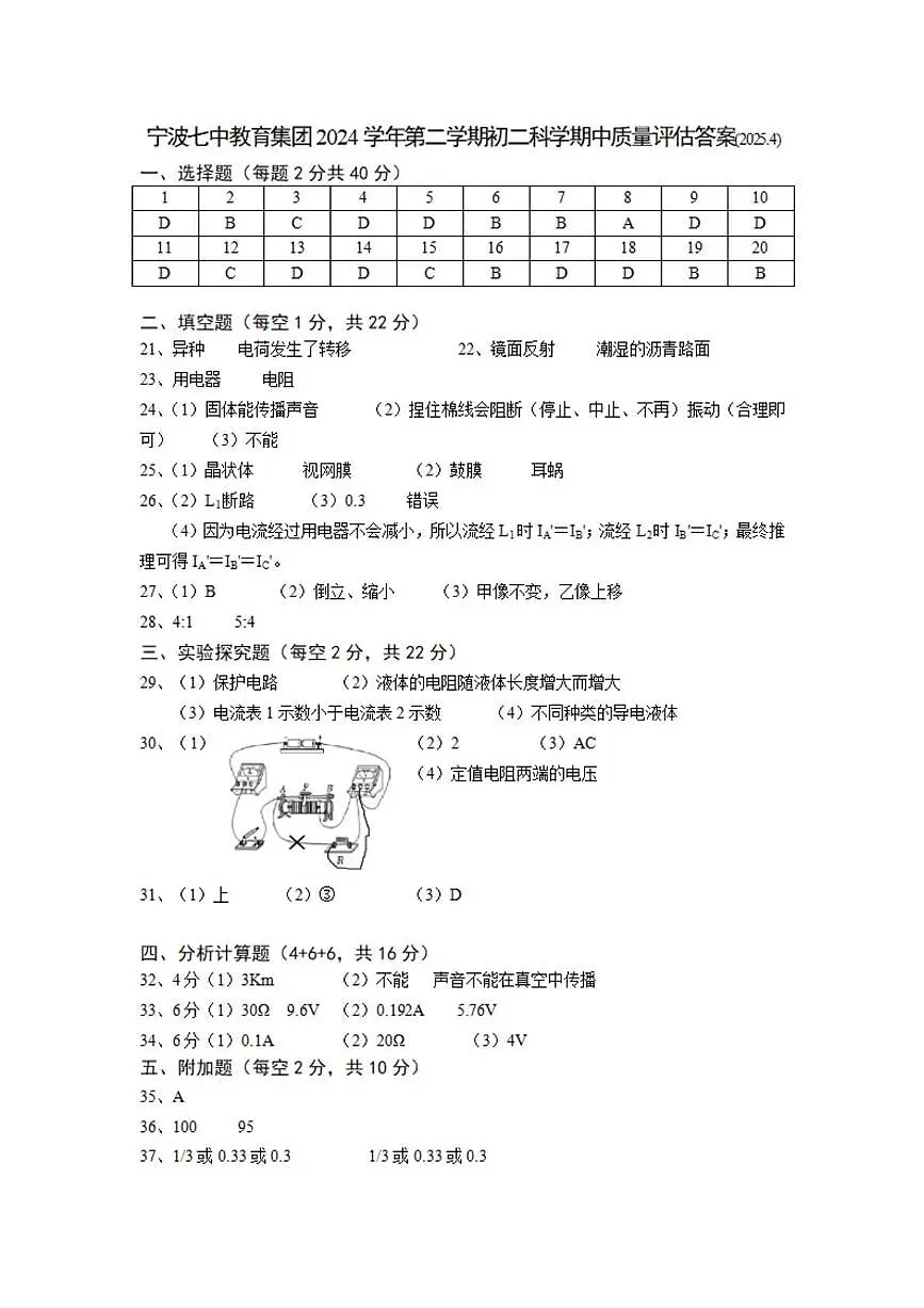 2024-2025学年第二学期宁波七中八年级期中考试科学试卷 科学答案第1页