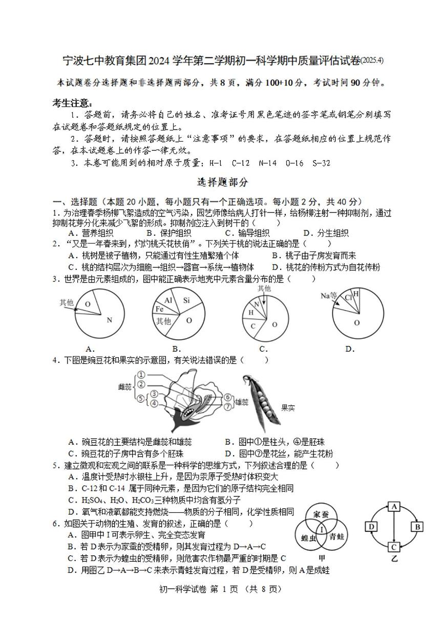 浙江省宁波第七中学2024-2025学年七年级下学期期中考试科学试卷