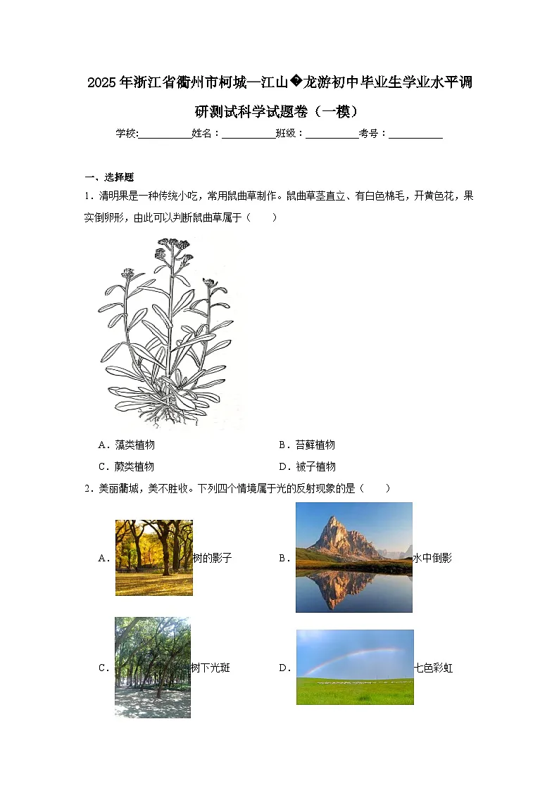 2025年浙江省衢州市柯城—江山龙游初中毕业生学业水平调研测试科学试题卷(一模)(附答案解析)第1页