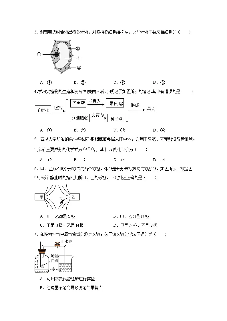 2025年浙江省衢州市柯城—江山龙游初中毕业生学业水平调研测试科学试题卷(一模)(附答案解析)第2页