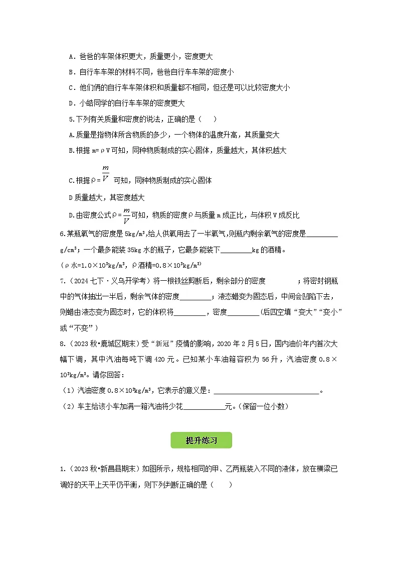 七下新浙教版(2024)初中科学 第3章物质的特性3.1《质量与密度》第3课时 分层练习-原卷版第2页