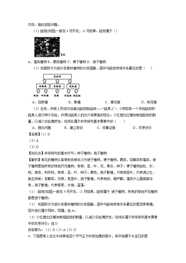 浙江省温州市实验中学2024-2025学年七年级上学期期末科学试卷(解析版)第2页