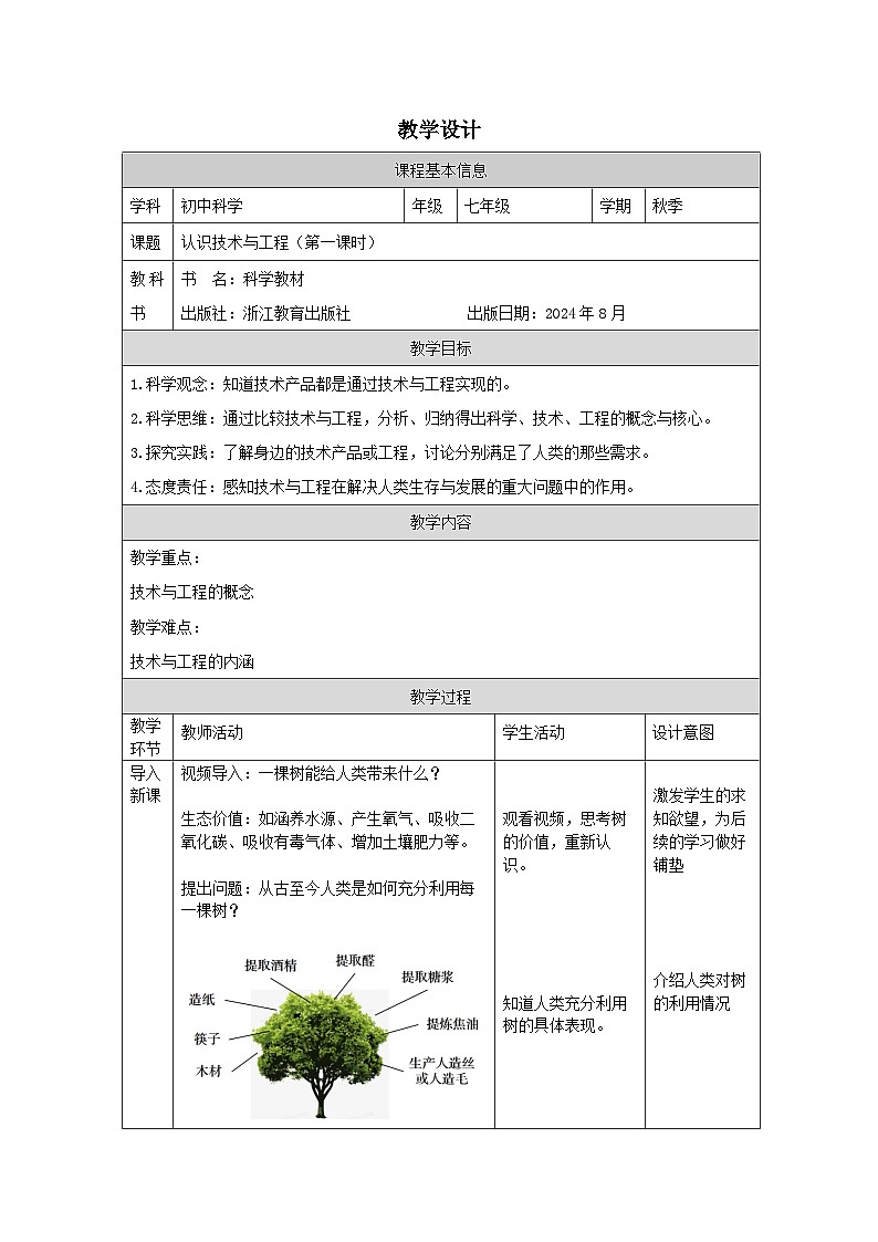 浙教版2024科学七年级上册 第1节 认识与工程(一)-教学设计第1页