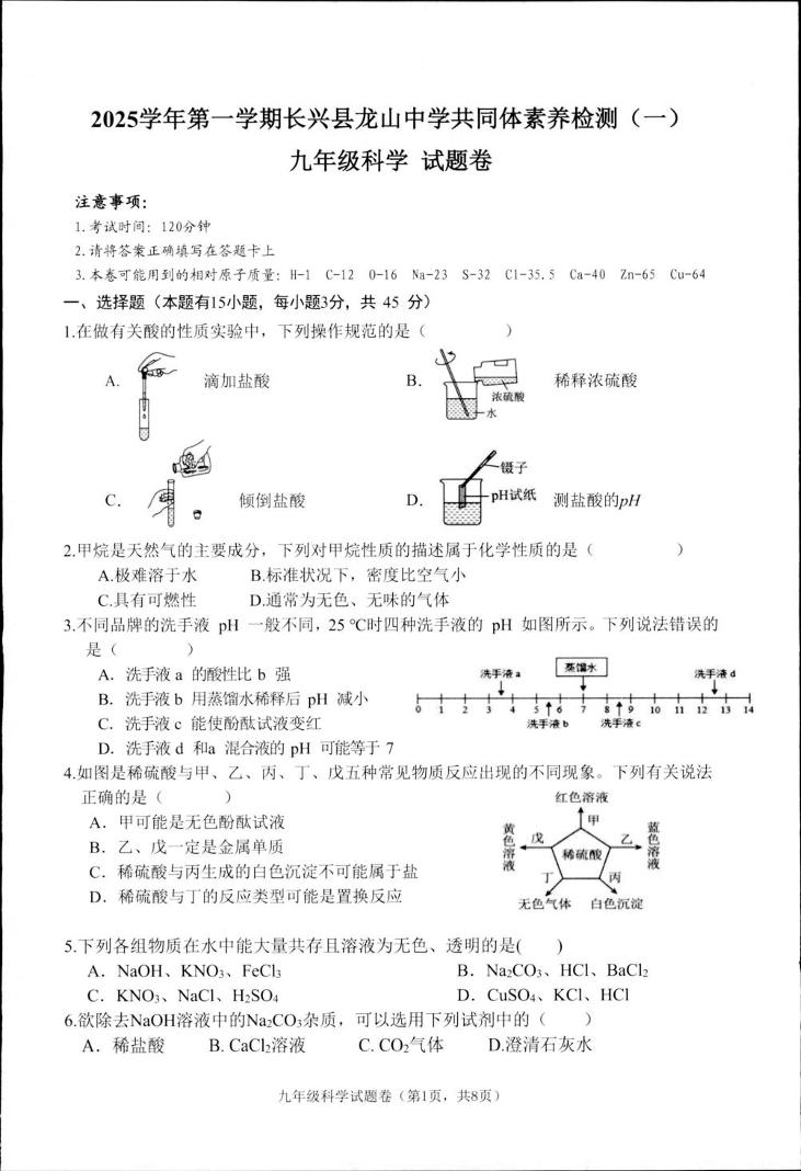 浙江省湖州市长兴县龙山共同体素养检测2025-2026学年九年级上学期10月月考科学试题