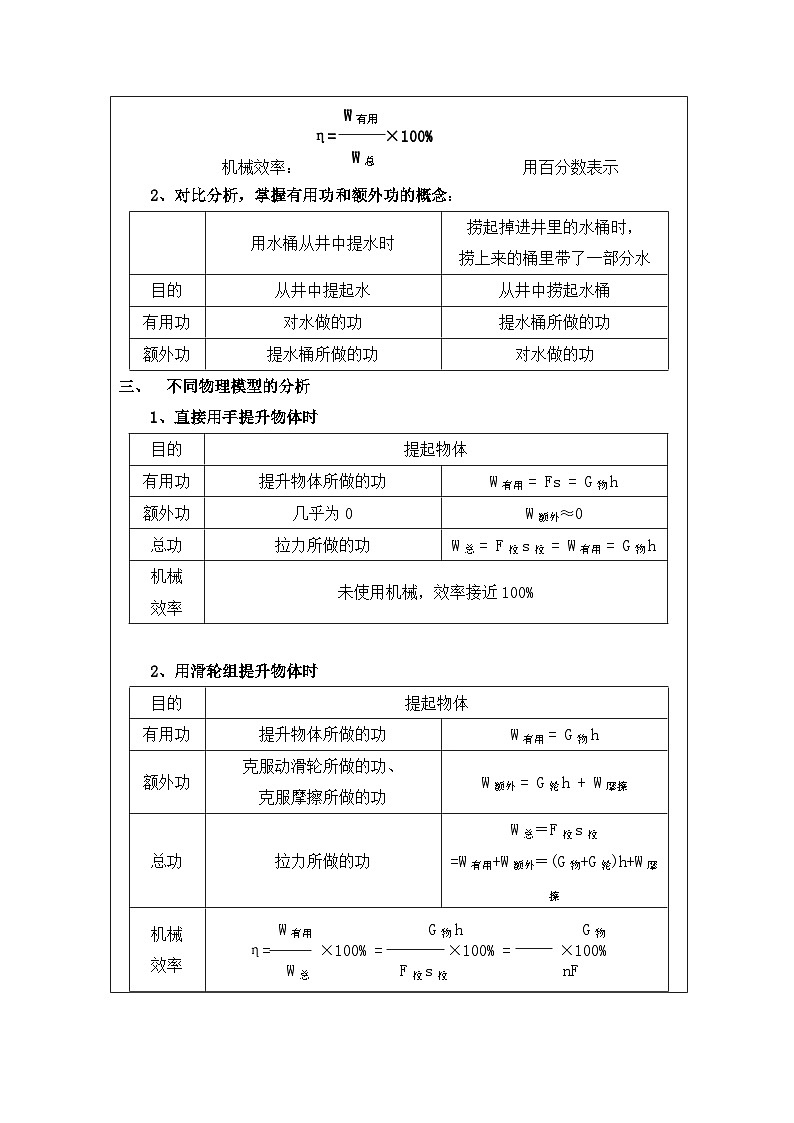 华东师大版 科学九年级上册5.3《功与机械效率》表格式教案第2页