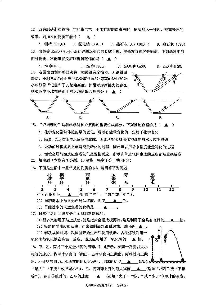 浙江省舟山普陀区2025-2026学年九年级上学期11月期中科学试卷第3页