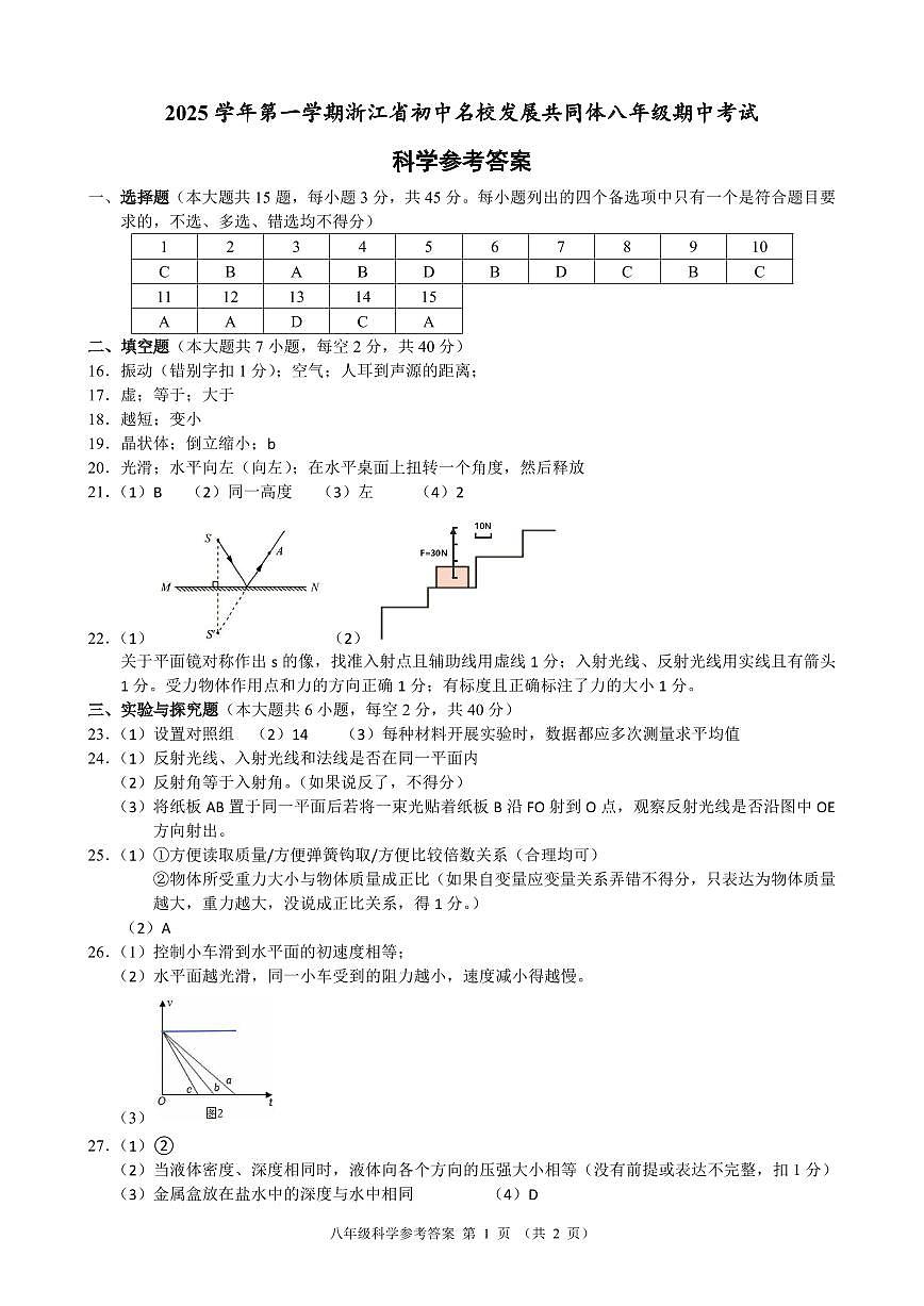 八年级名校共同体科学参考答案第1页