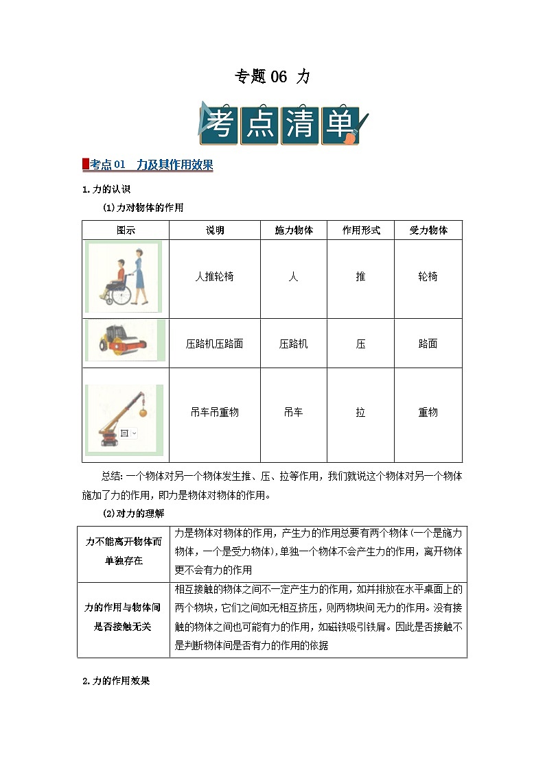 专题06 力(word)2025-2026学年八上科学浙教版2024复习学案知识点+习题(原卷版)第1页