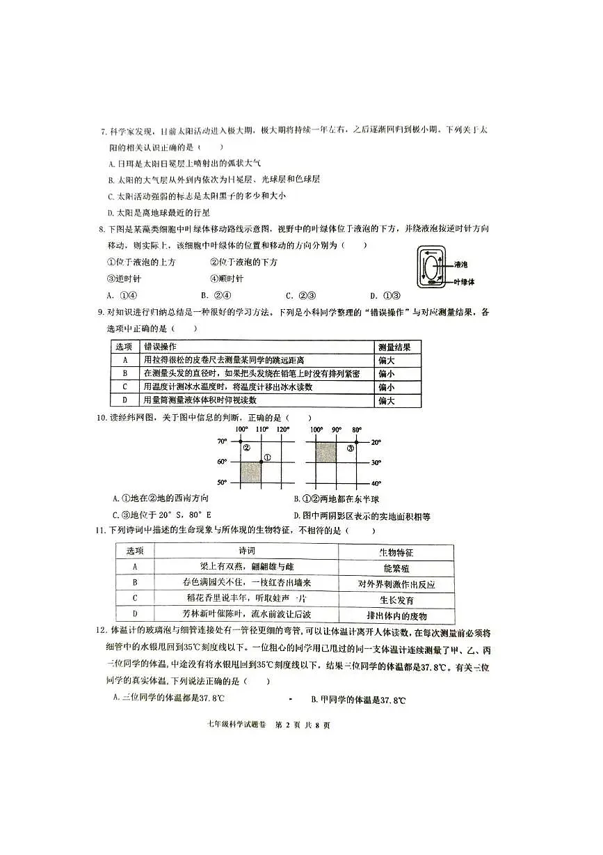 浙江省杭州市萧山区高桥教育集团2025-2026学年七年级上学期期中科学考试试卷第2页