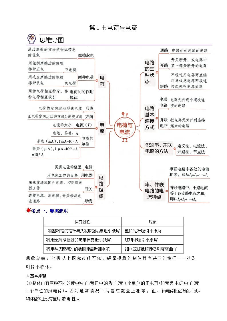 八上第三章 第1节 电荷与电流 举一反三(解析版)第1页