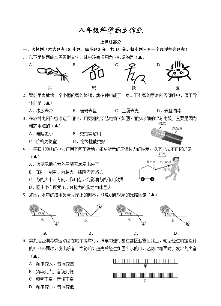 202512八年级科学试题卷第1页