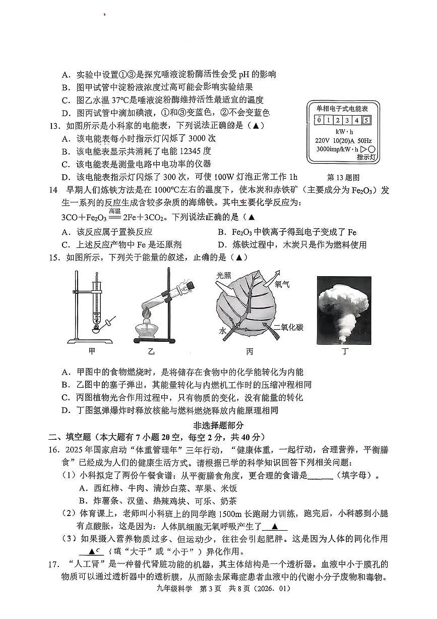 浙江省杭州市杭州市临平区临平第三中学2025-2026学年上学期九年级科学期末模拟试题第3页