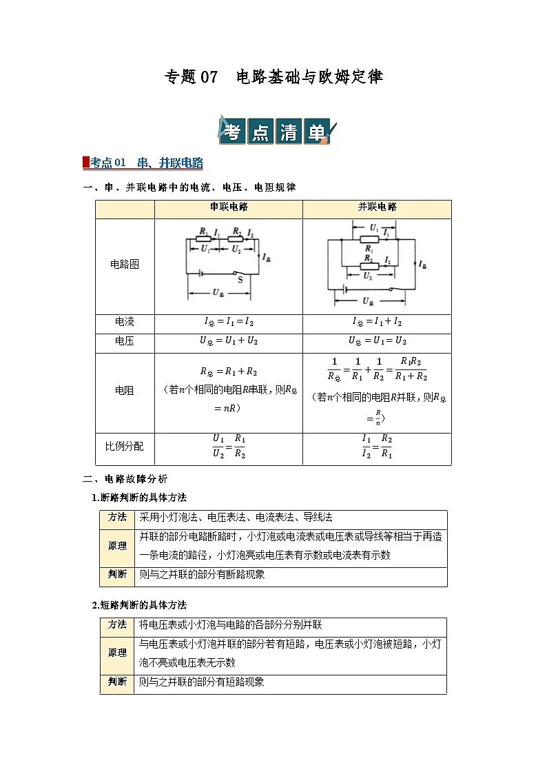 专题07 电路基础与欧姆定律(word)2025-2026学年初中浙教版科学一轮复习讲义知识点+习题(解析版 )第1页