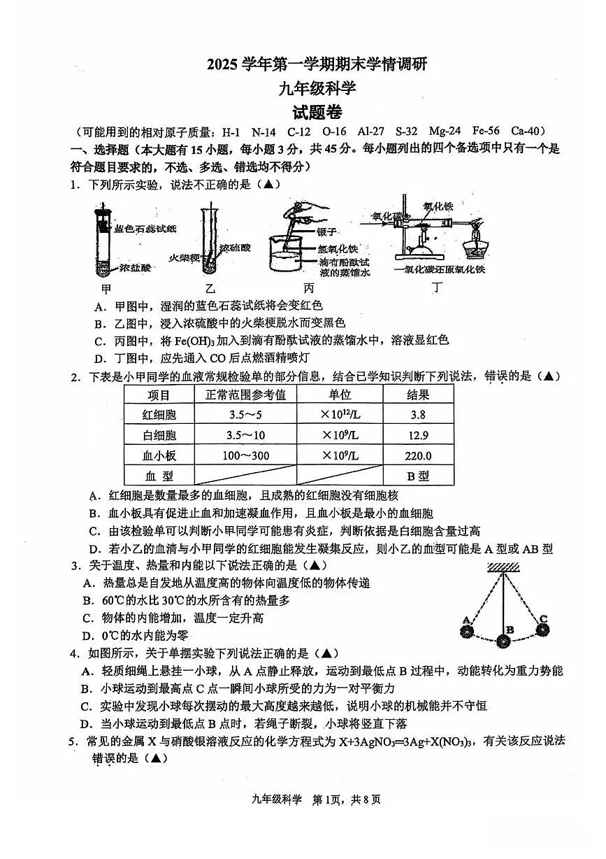 浙江省杭州市拱墅区拱宸中学2025-2026学年九年级上学期科学期末模拟卷第1页