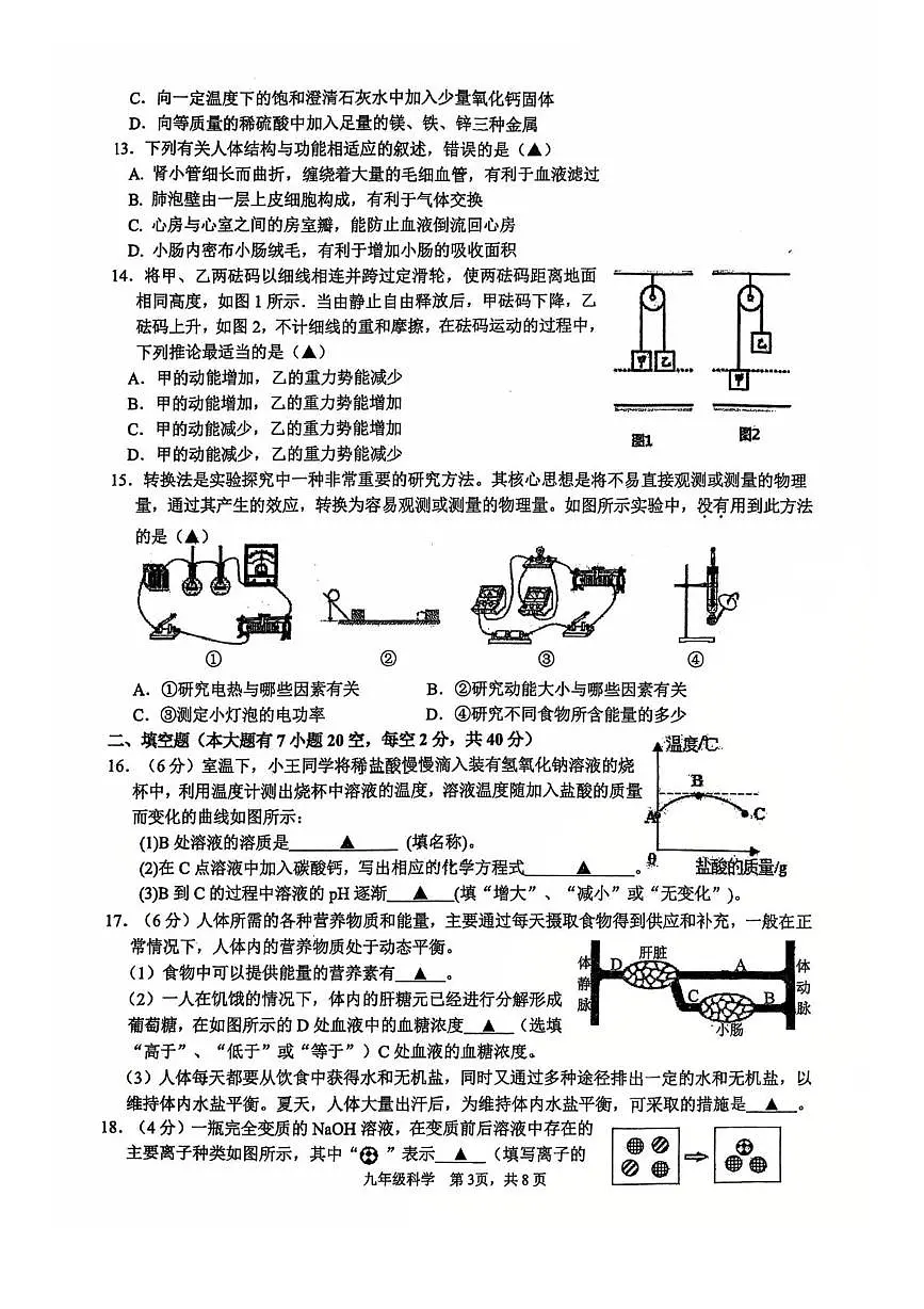 浙江省杭州市拱墅区拱宸中学2025-2026学年九年级上学期科学期末模拟卷第3页