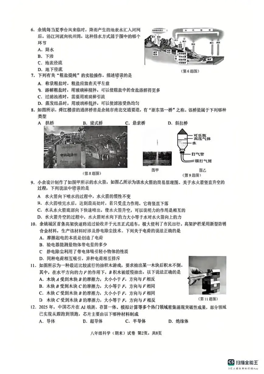2025-2026学年浙江省宁波市余姚市第一学期初中期末考试八年级科学(无答案)第2页