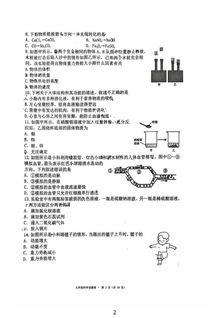 浙江省杭州市西湖区2025学年第一学期九年级期末教学质量调研科学试卷(无答案)第2页