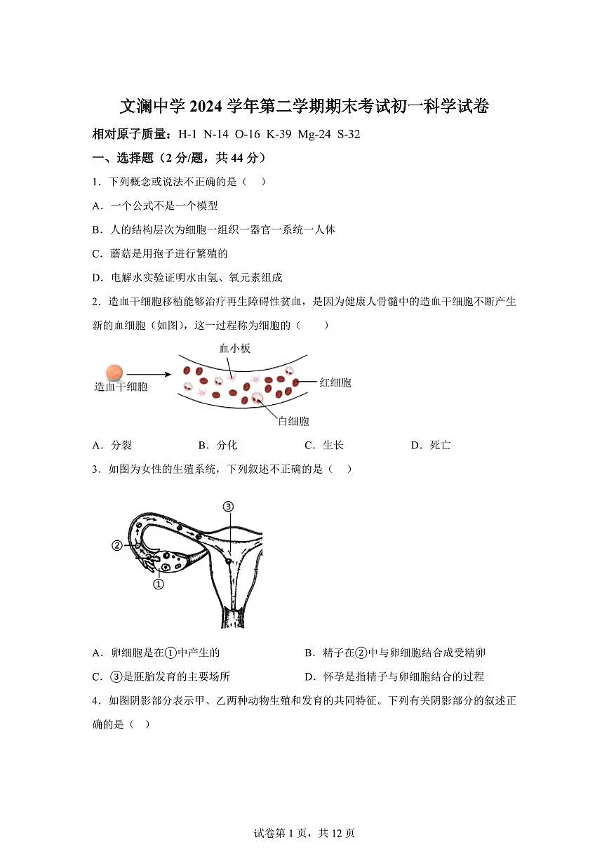 2024~2025学年浙江省杭州市文澜中学七年级下册期末考科学试题【附答案】第1页