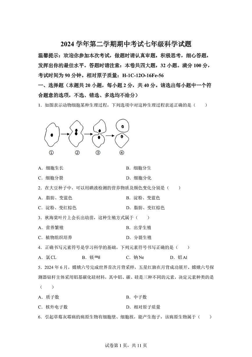 2024~2025学年浙江省宁波市海曙区储能学校七年级下册期中科学试题【附答案】第1页
