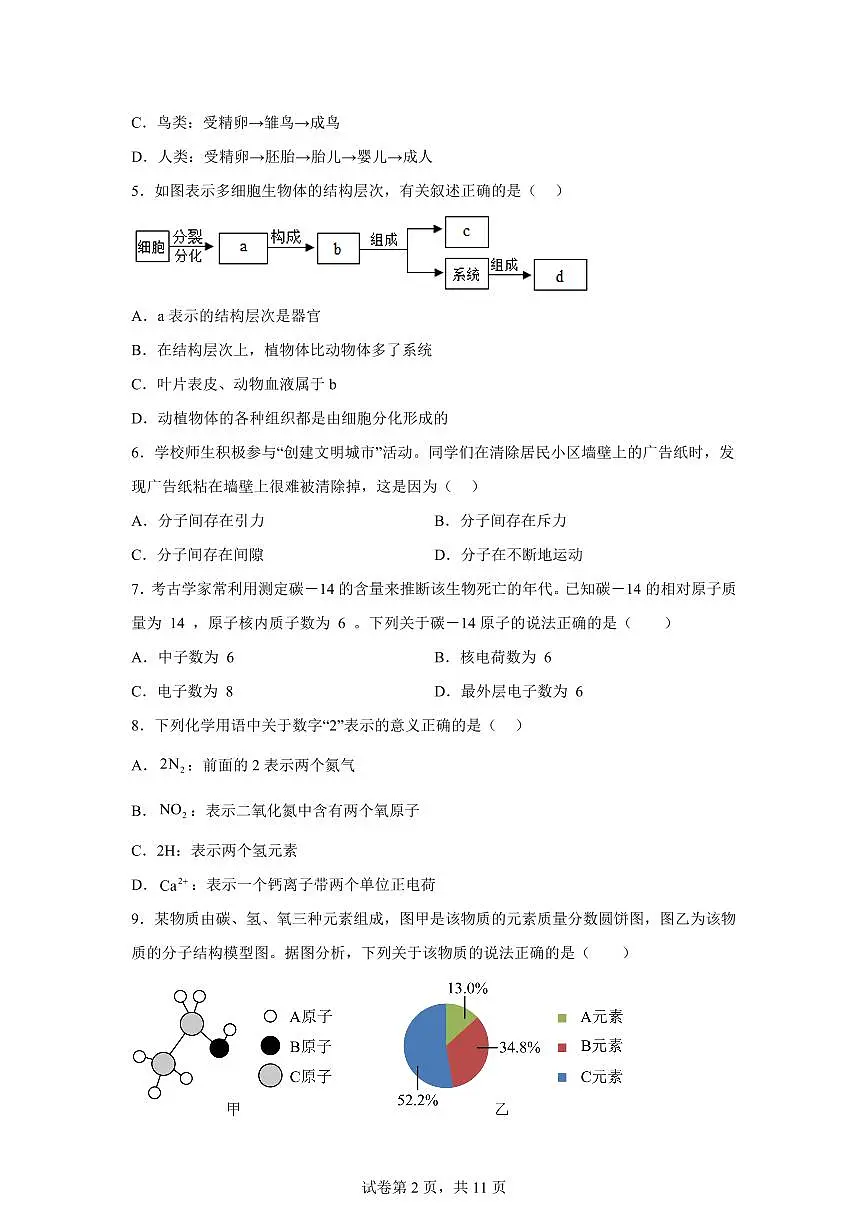 2024~2025学年浙江省宁波市余姚市肖东中心学校七年级下册期末科学试题【附答案】第2页