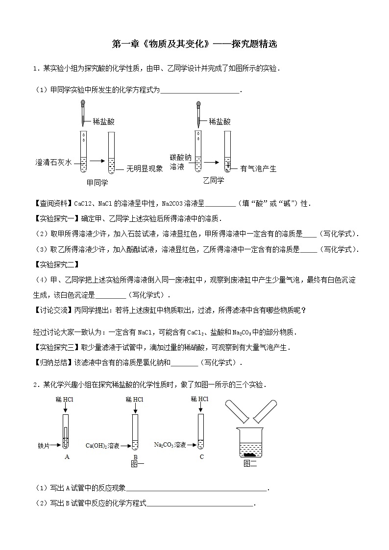 【高频考点】浙教版九上第一章《物质及其变化》探究题-精编精练（附答案）01