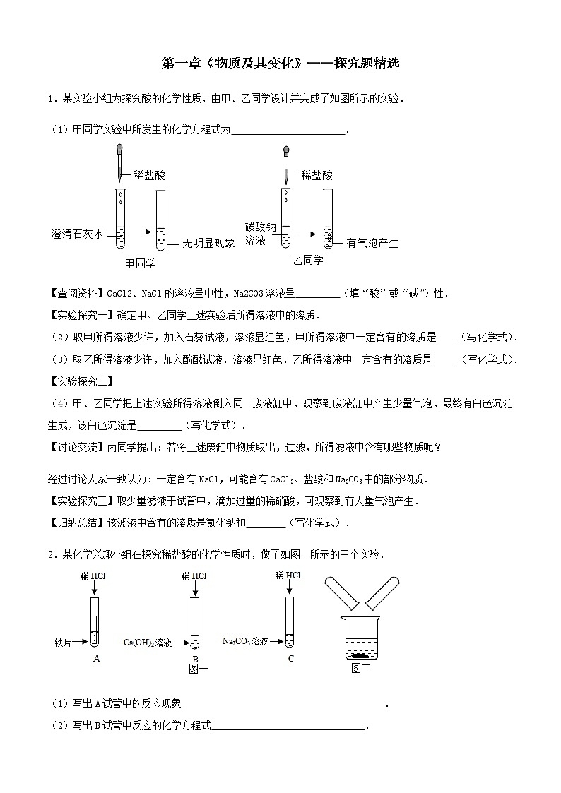 【高频考点】浙教版九上第一章《物质及其变化》探究题-精编精练(附答案)01