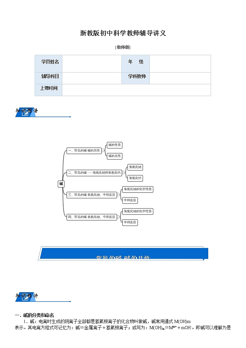 浙教版九上科学教案 第一章 碱知识点及题型汇总(机构专用)01