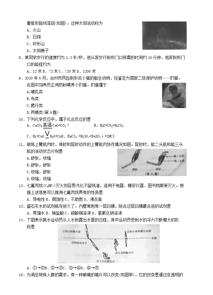 浙江省台州市2020年中考科学真题试卷02