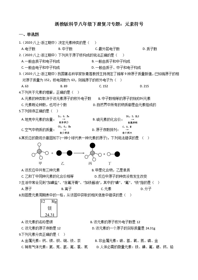 2020-2021学年浙教版科学八年级下册复习专题:元素符号 含答案01