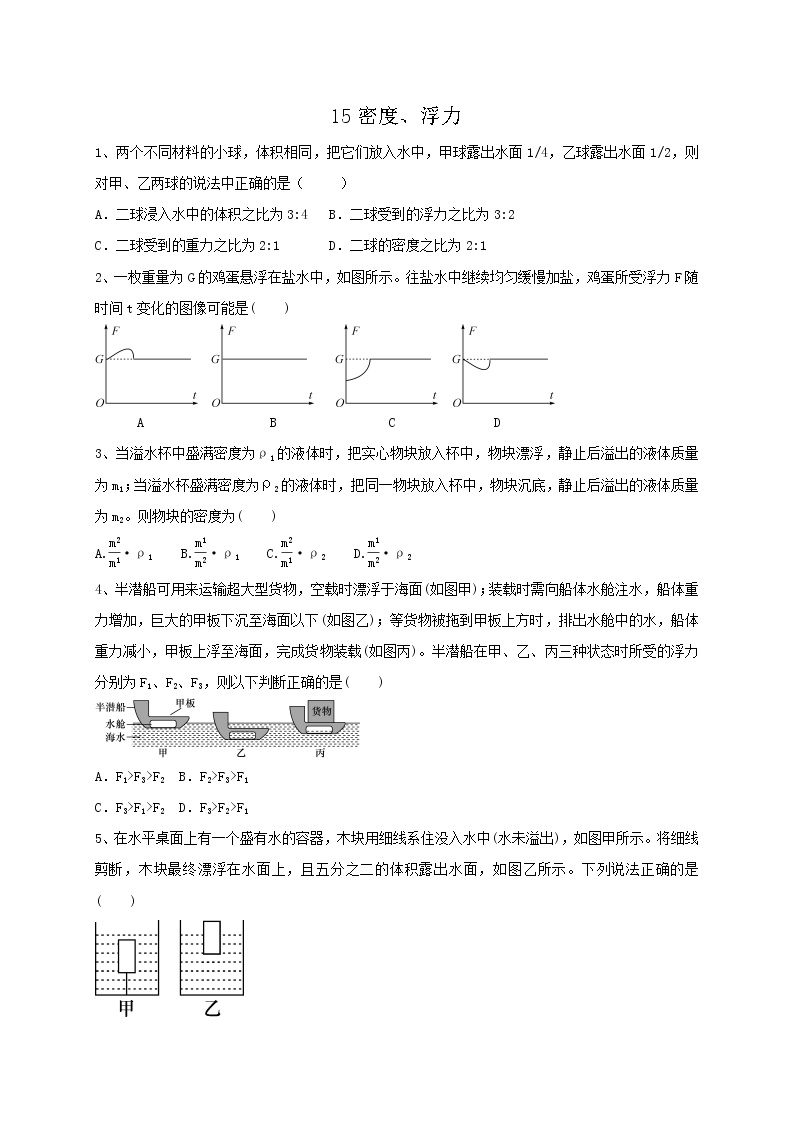 专题15密度、浮力 练习—2021年中考科学华东师大版二轮专题巩固